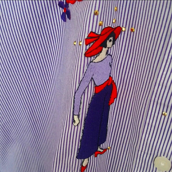 Red Hat Society Purple & White Stripes with Appliques / Bling Button Down Shirt - Picture 5 of 13